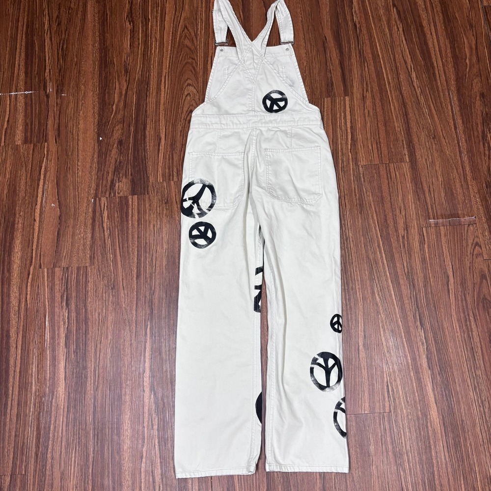 We The Free Peace Sign Overalls Urban Cream Beige Wide Leg Jumpsuit Cotton XS - Picture 2 of 7
